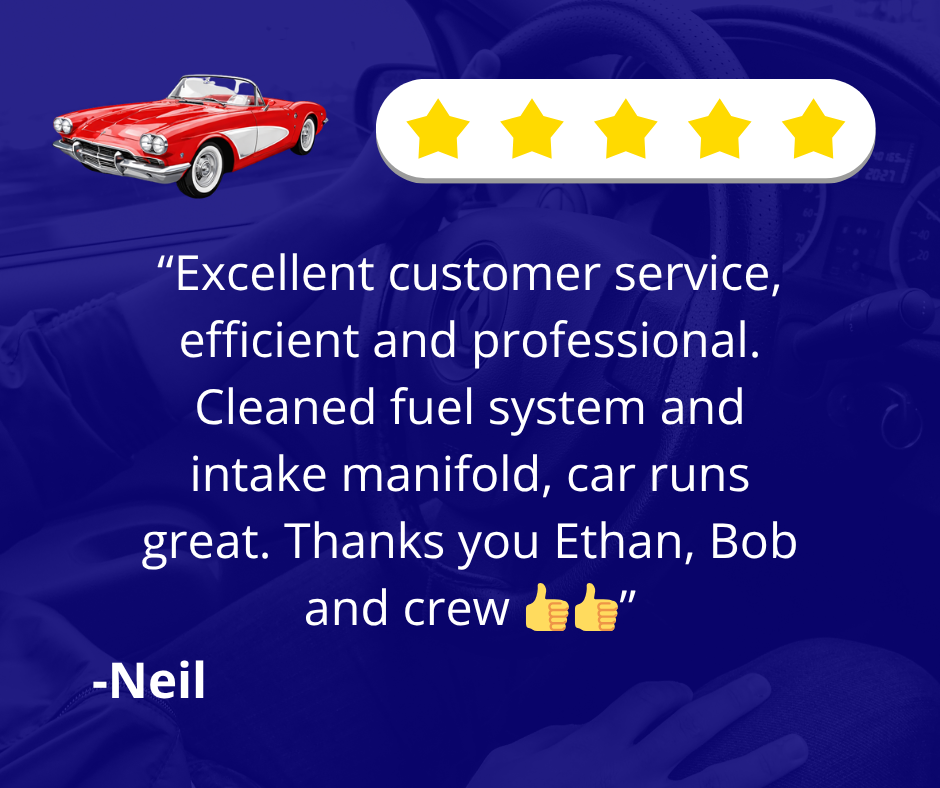 Red classic convertible with 5-star rating and customer review praising efficient, professional service.