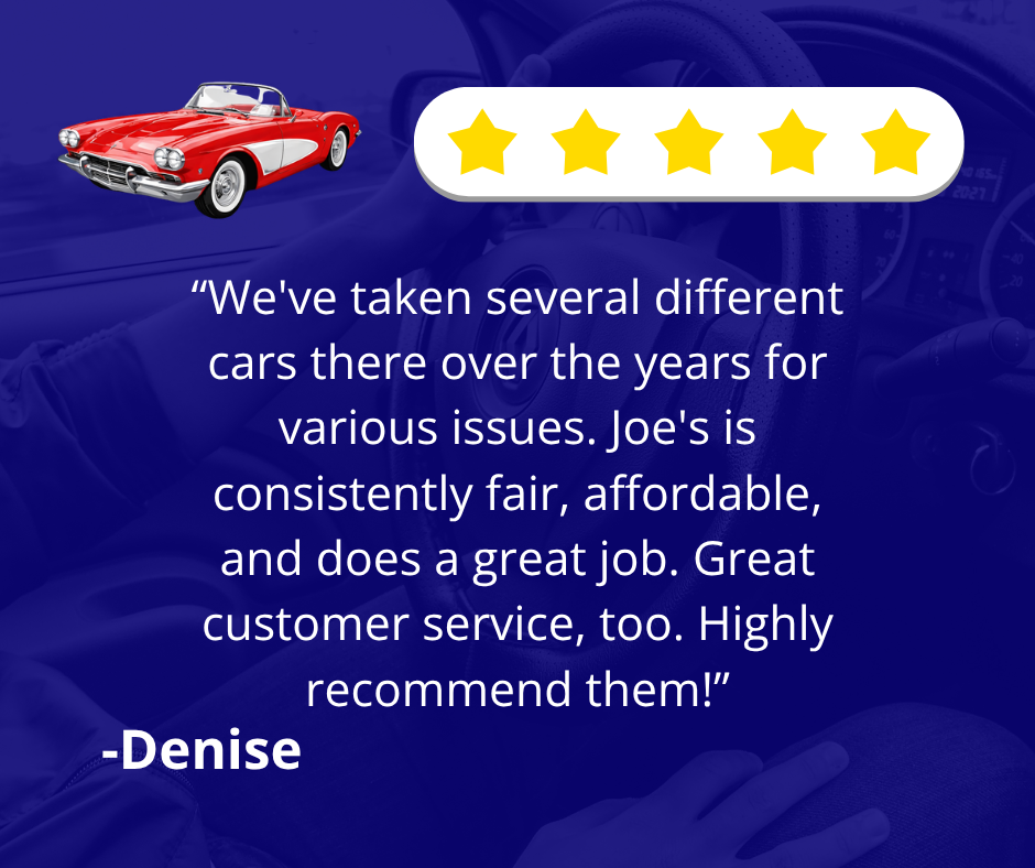 Five-star customer review beside a red convertible car and a Denise testimonial quote.