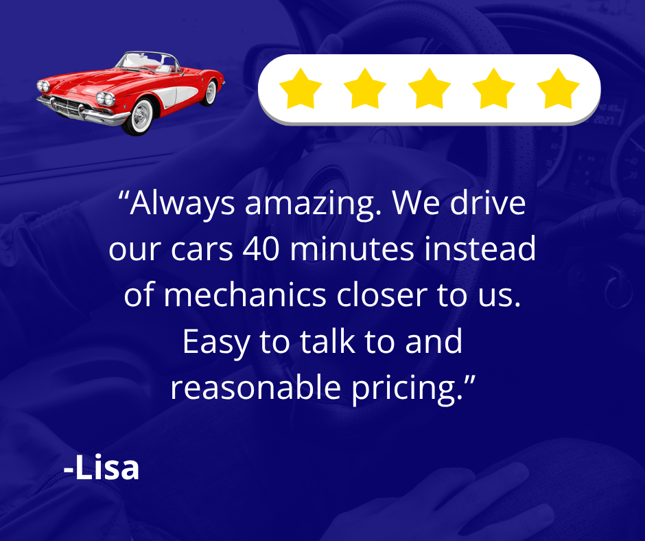 5-star testimonial with a red convertible and quote praising mechanics and reasonable pricing from Lisa