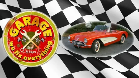 Garage sign with crossed tools and a red classic convertible on a black-and-white checkered background