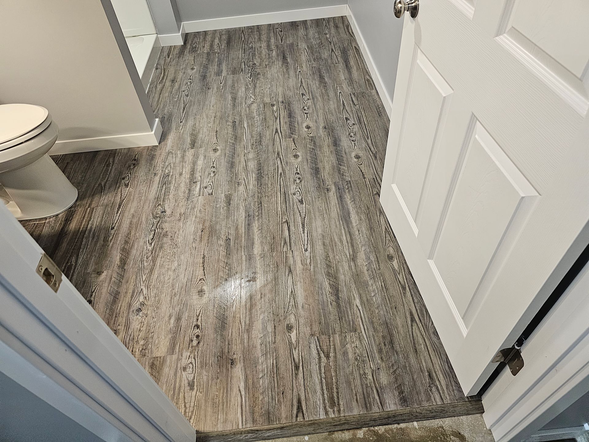 Small bathroom with wood-look vinyl floor, toilet on the left, and white door on the right.