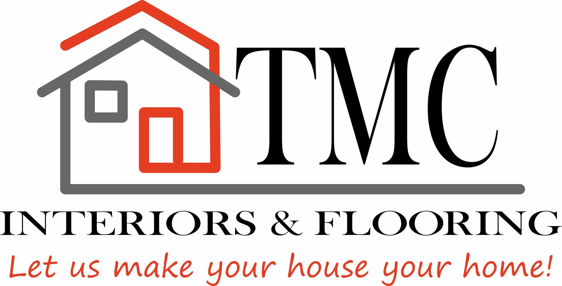 TMC Interiors & Flooring logo with a house icon and red tagline, “Let us make your house your home!”