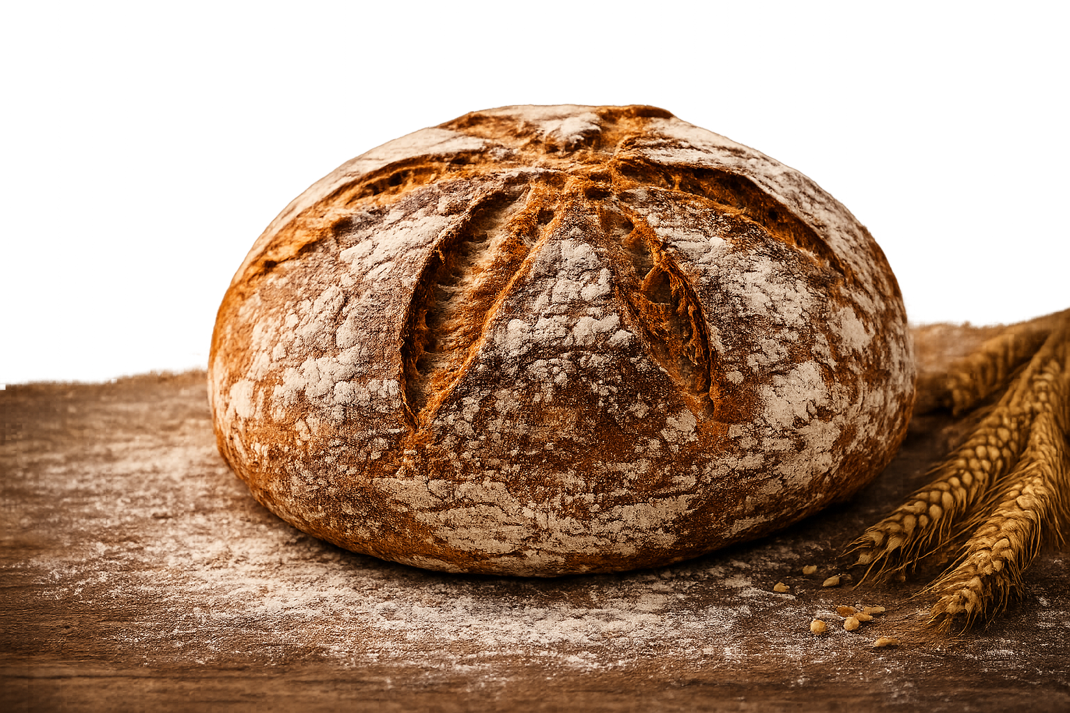 Pagnotta rustica rotonda di pane croccante su un tavolo di legno con una spiga di grano