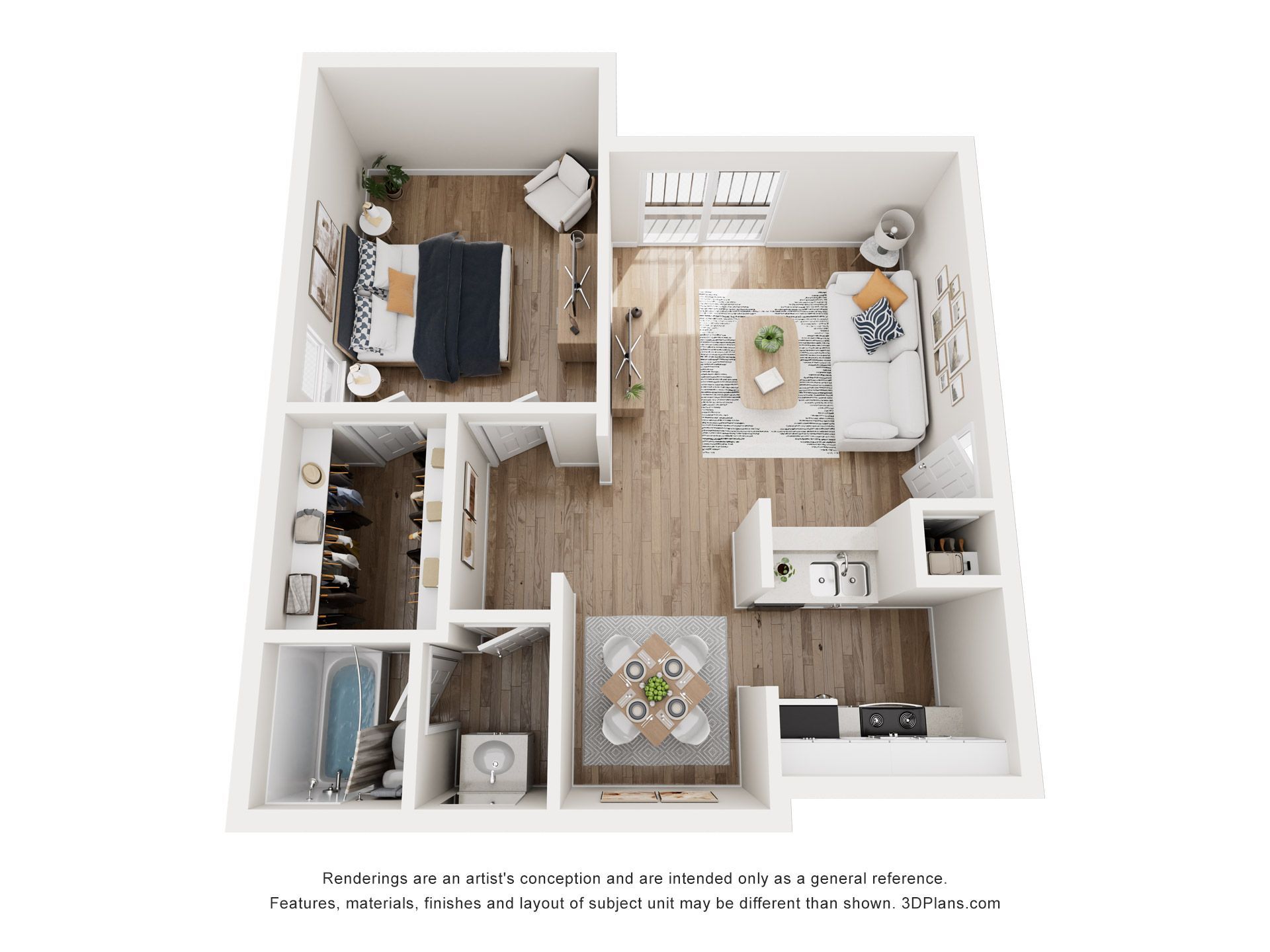 Top-down floor plan of a small apartment with bedroom, kitchen, bathroom, and living area in light wood tones