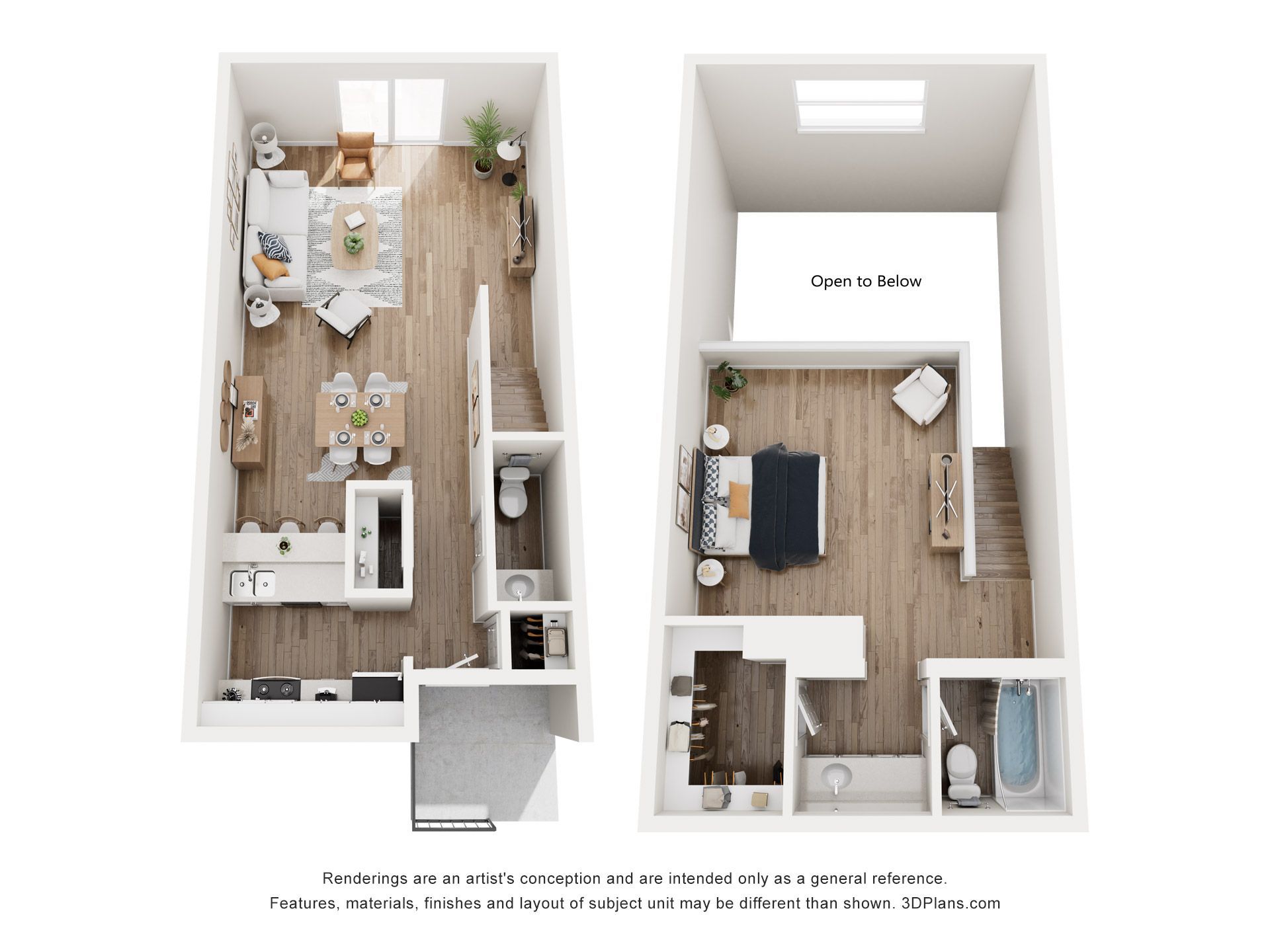 Two top-down room layouts showing a furnished studio apartment and a bedroom-bathroom floor plan.