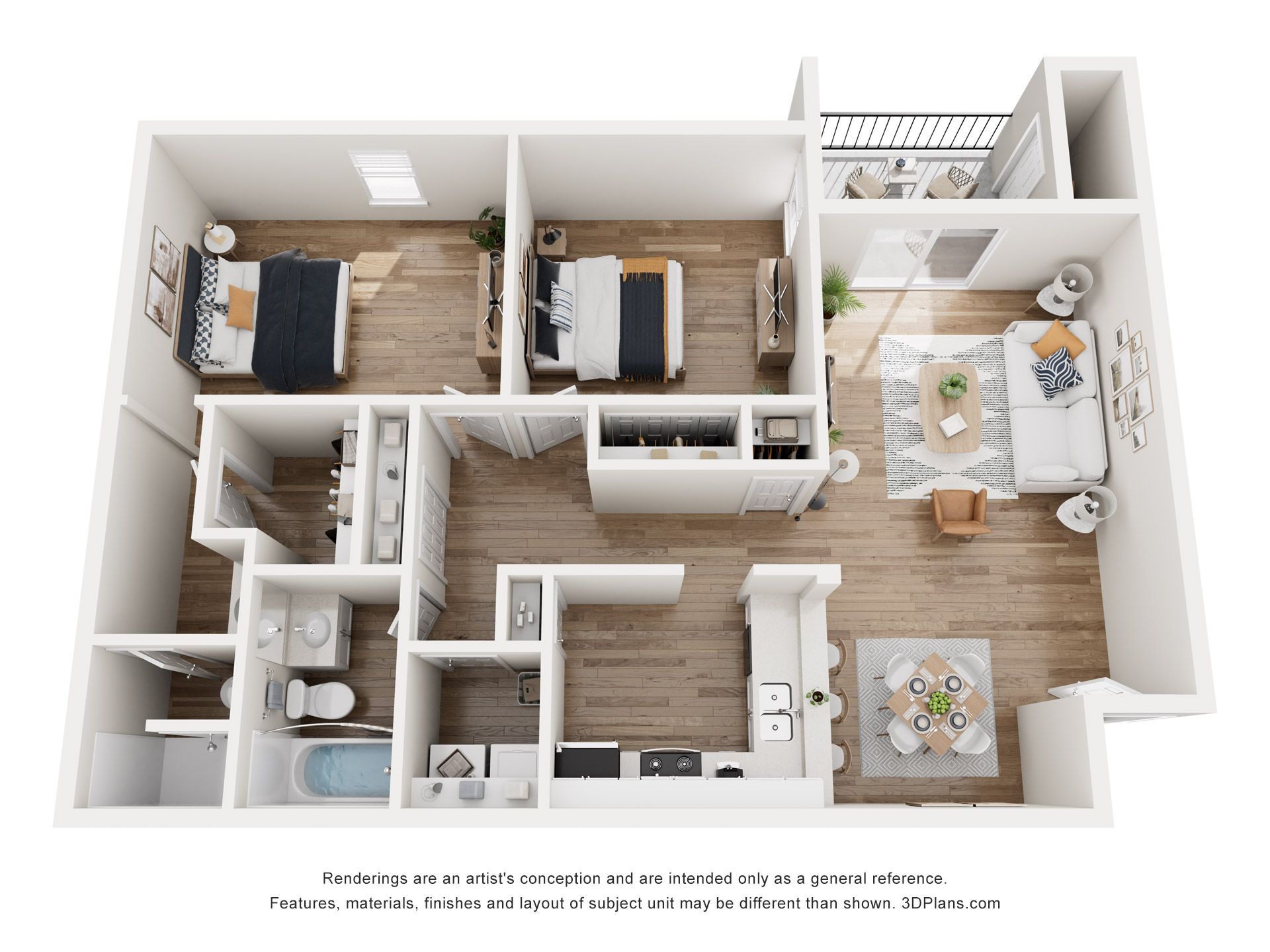 3D floor plan of a small apartment with two bedrooms, bathroom, kitchen, living room, and dining area