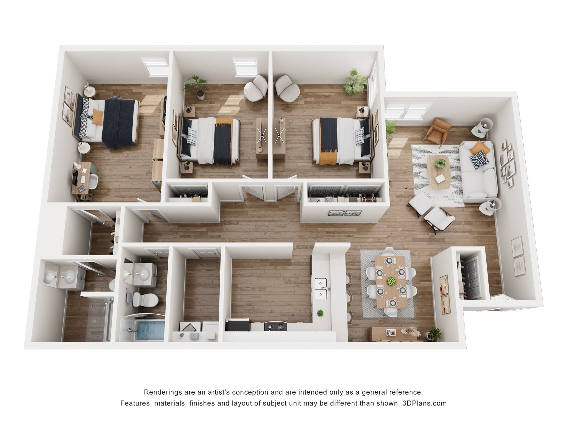 3D floor plan of a small apartment with bedrooms, bathrooms, kitchen, and living-dining area