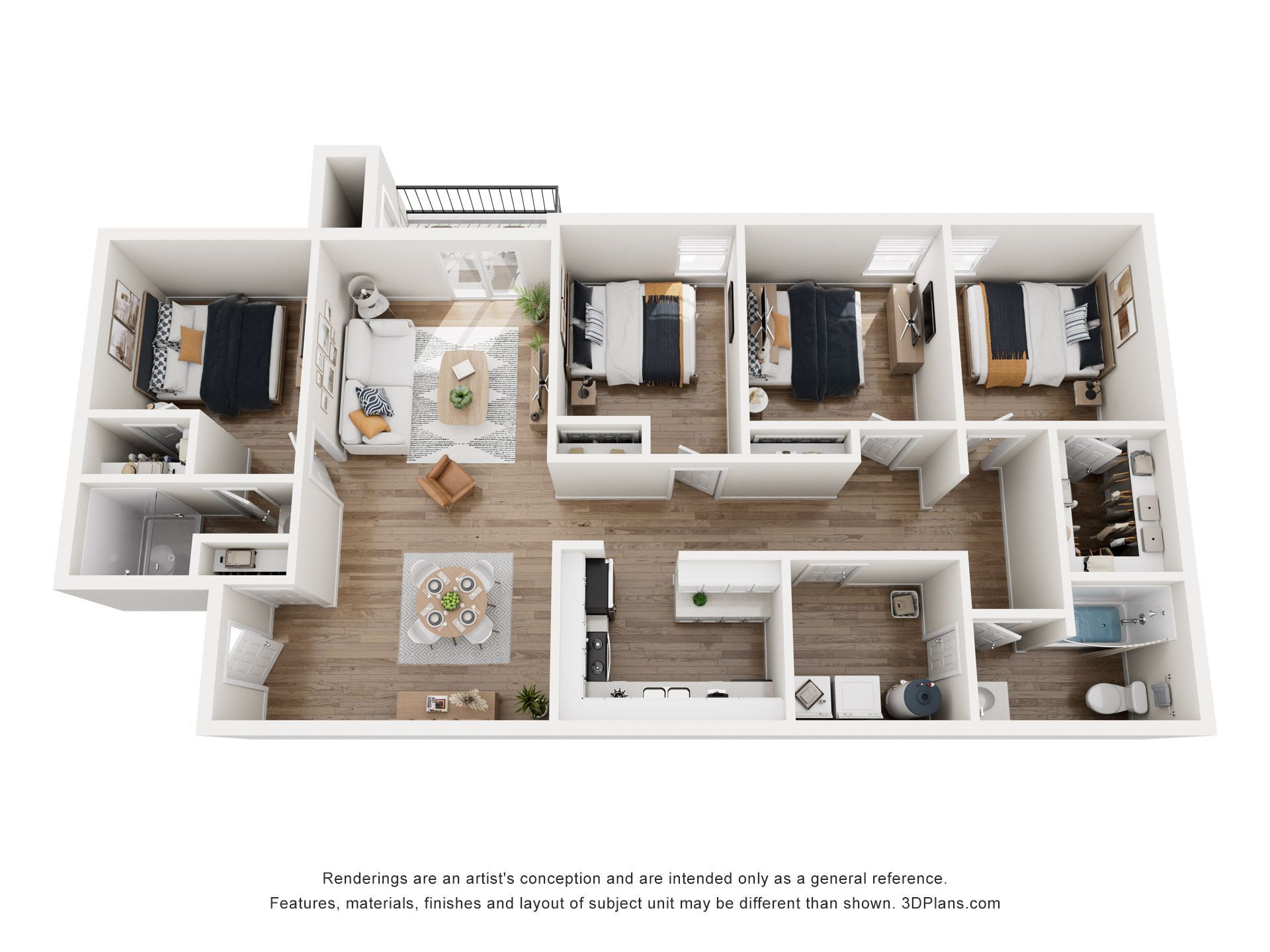 3D floor plan of a small apartment with bedrooms, living area, kitchen, and bathroom in neutral tones