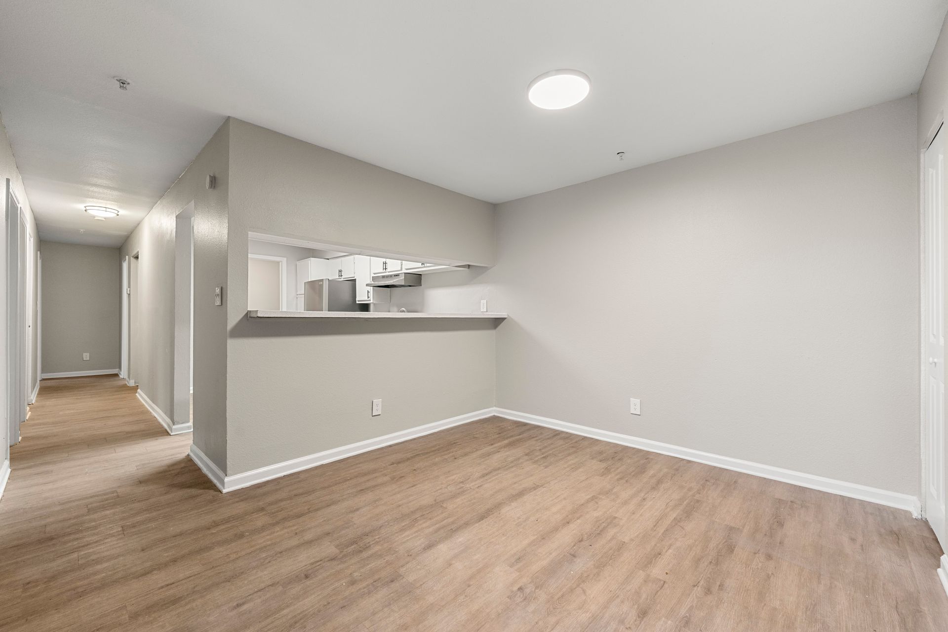 Empty modern apartment living area with light wood floors, gray walls, and a kitchen pass-through.