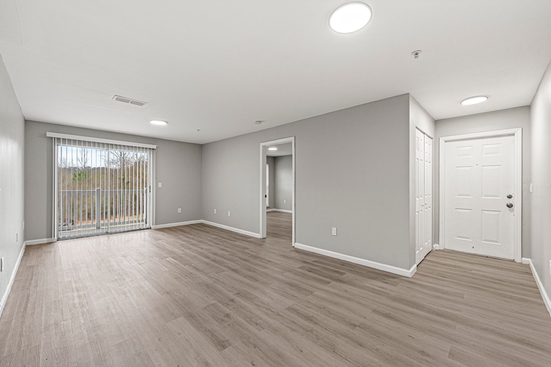 Empty modern living room with gray walls, wood-look floors, sliding glass doors, and white entry door