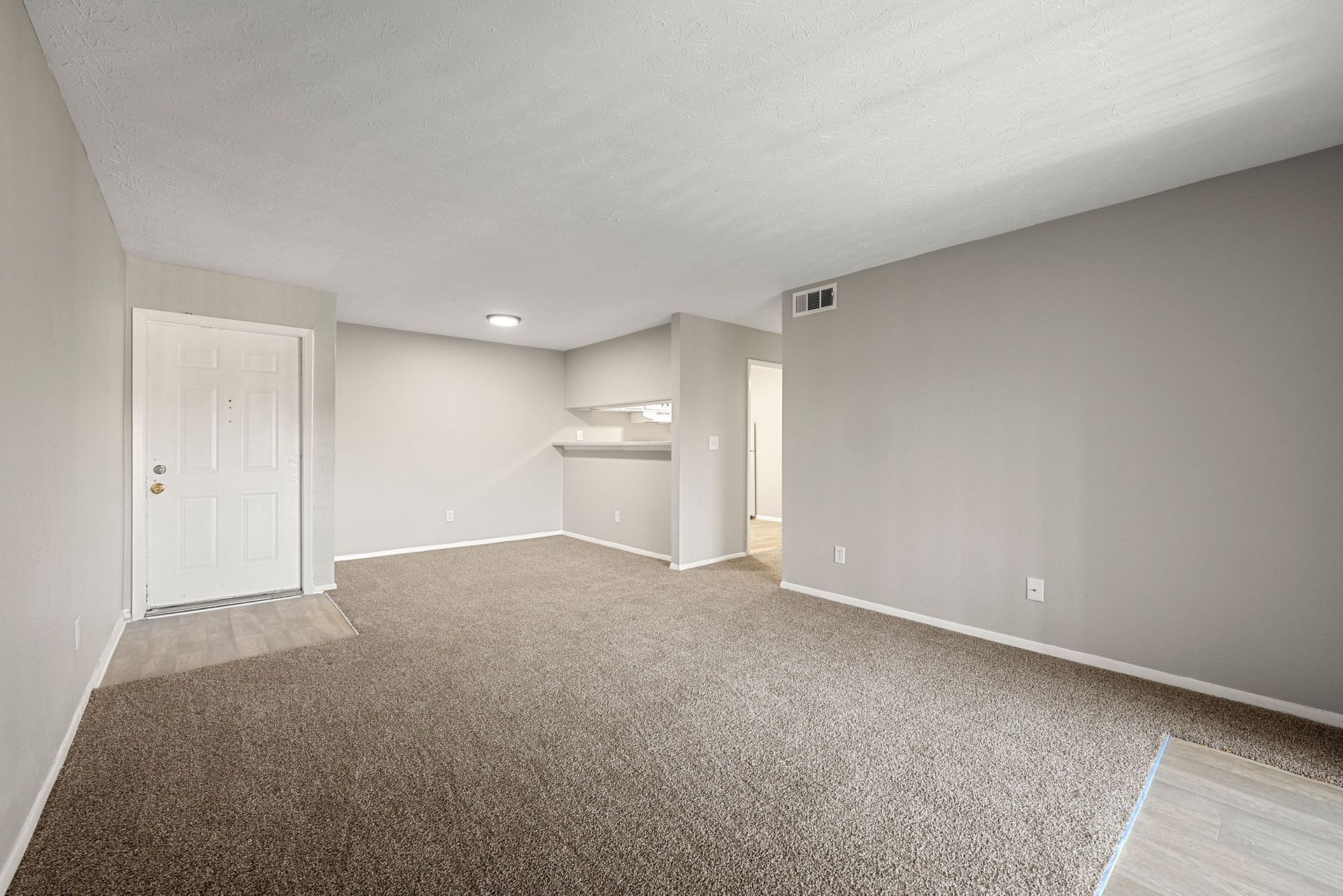 Empty carpeted living room with gray walls, white door, and small kitchen pass-through.