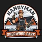 A handyman logo with a worker holding a hammer and tool, in front of a house, with the text 