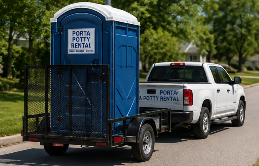 Portable toilet on a trailer being towed by a white pickup truck on a roadside