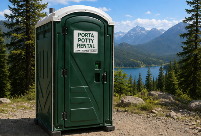 Green portable potty rental booth by a mountain lake with trees and snowy peaks in the background