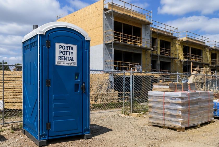 Blue portable toilet at a construction site with scaffolding and stacked building materials.