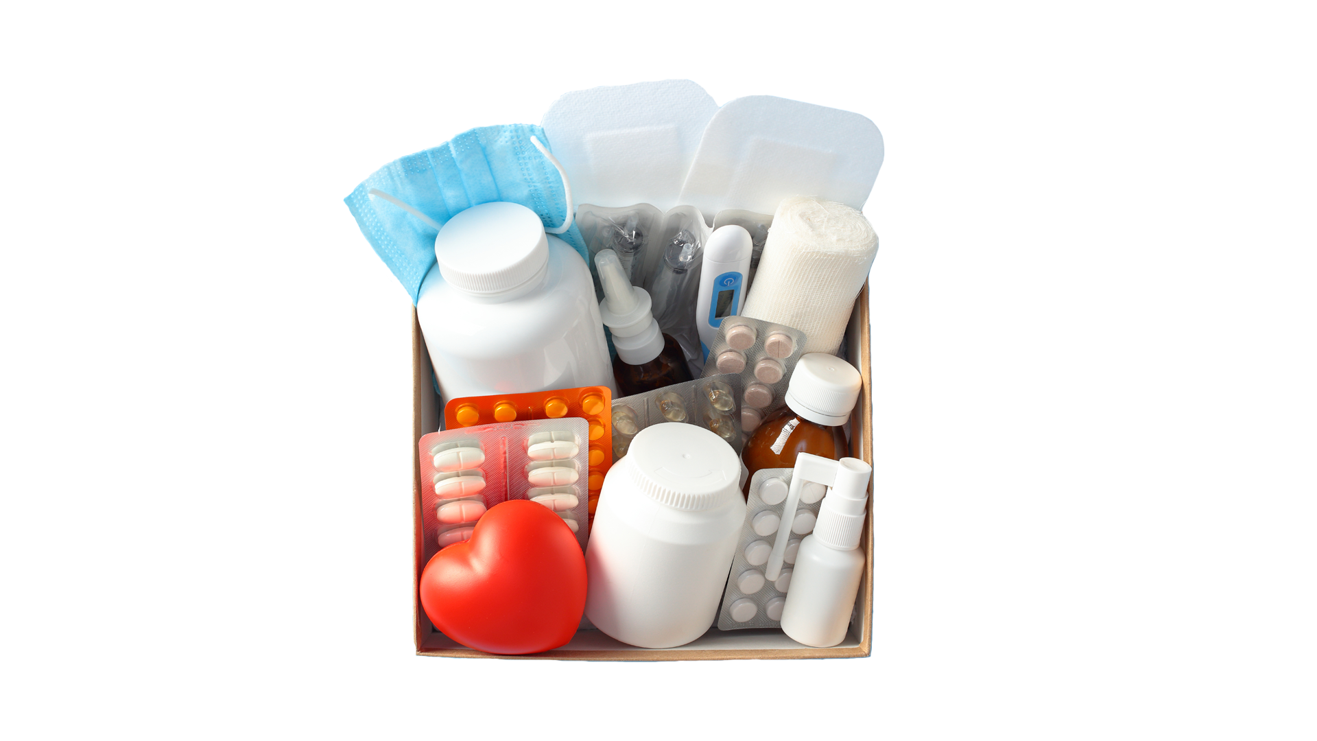 Wooden box overflowing with various medications, including pills, bottles, and a red heart. Wooden box overflowing with various medications, including pills, bottles, and a red heart.