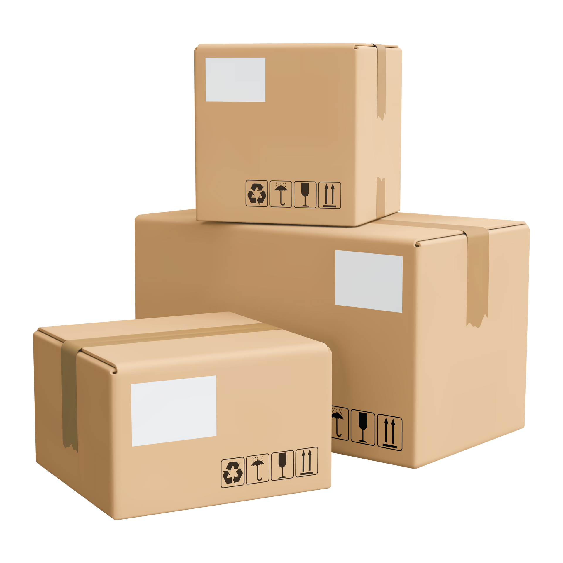 Three stacked cardboard shipping boxes, with white labels and shipping symbols. Three stacked cardboard shipping boxes, with white labels and shipping symbols.
