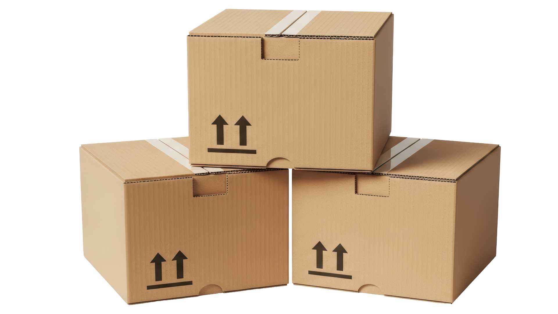 Three stacked brown cardboard boxes with upward-facing arrow symbols. Three stacked brown cardboard boxes with upward-facing arrow symbols.