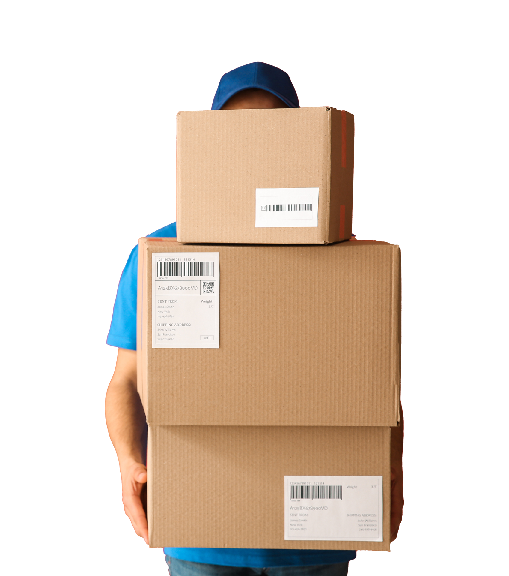 Delivery person in blue uniform carrying three cardboard boxes. Delivery person in blue uniform carrying three cardboard boxes.