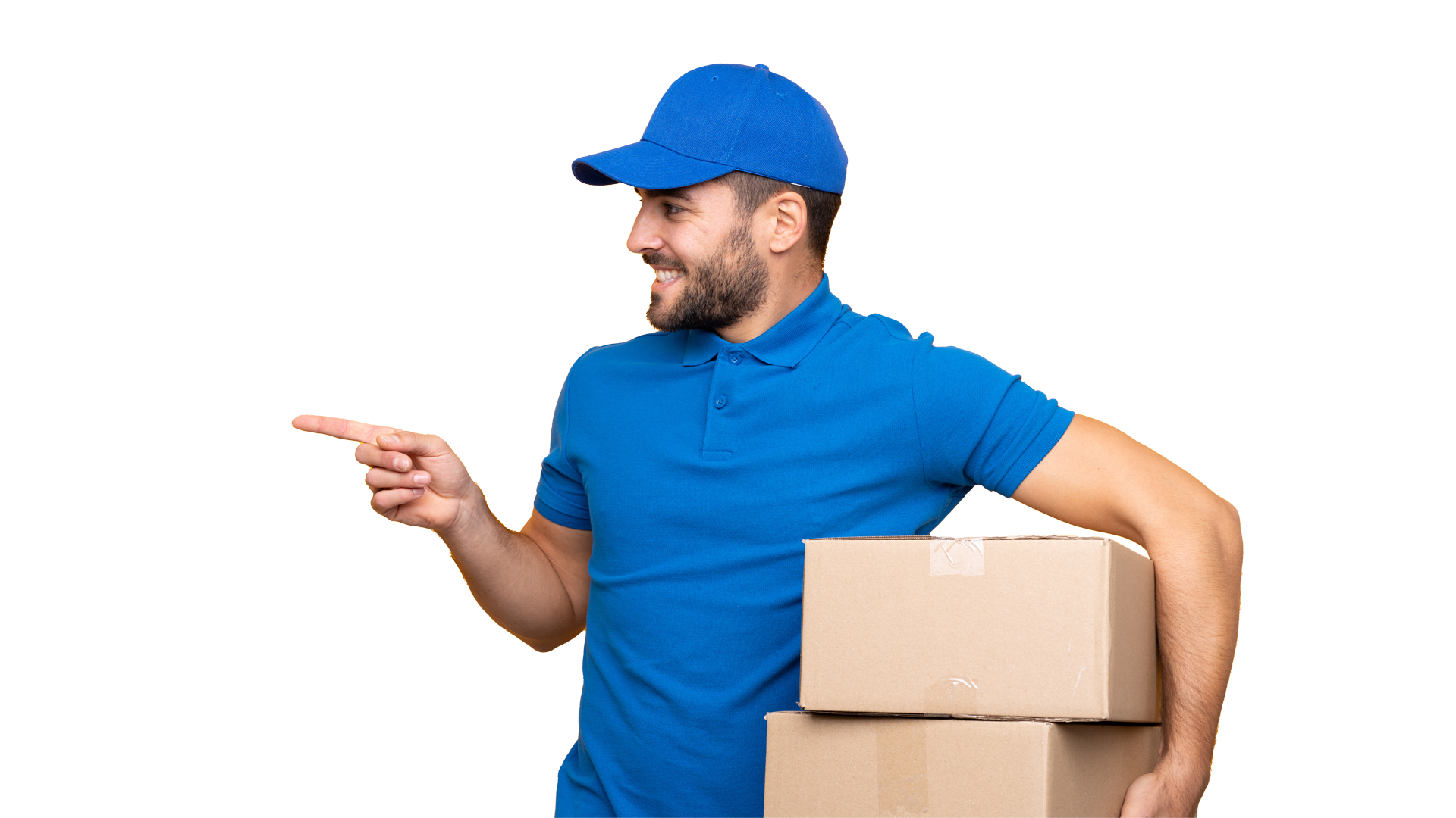 Delivery person in blue uniform holding boxes, pointing to the left with a smile.