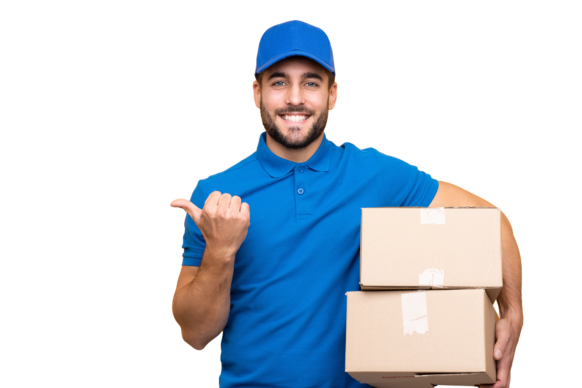 Delivery person in blue uniform holding packages, pointing left, smiling.