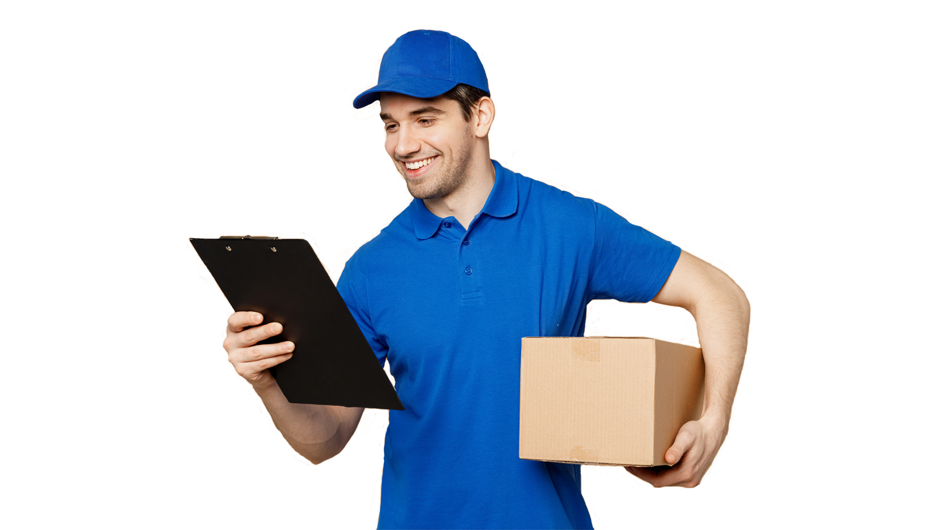 Delivery person in blue uniform holding clipboard and package, smiling. Delivery person in blue uniform holding clipboard and package, smiling.