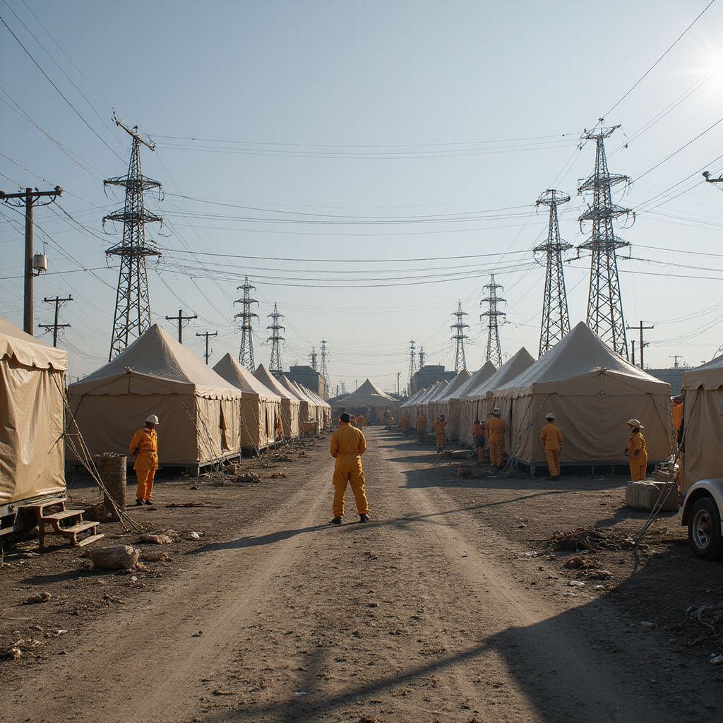 Rows of tents and figures in orange suits along a dirt road, under power lines.