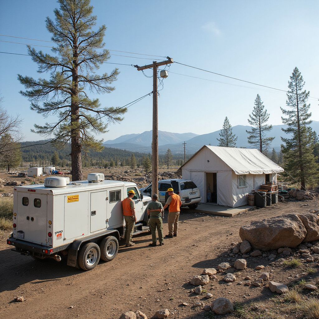 Generator powers a building and truck, near a utility pole, three people in orange vests, mountains in background.
