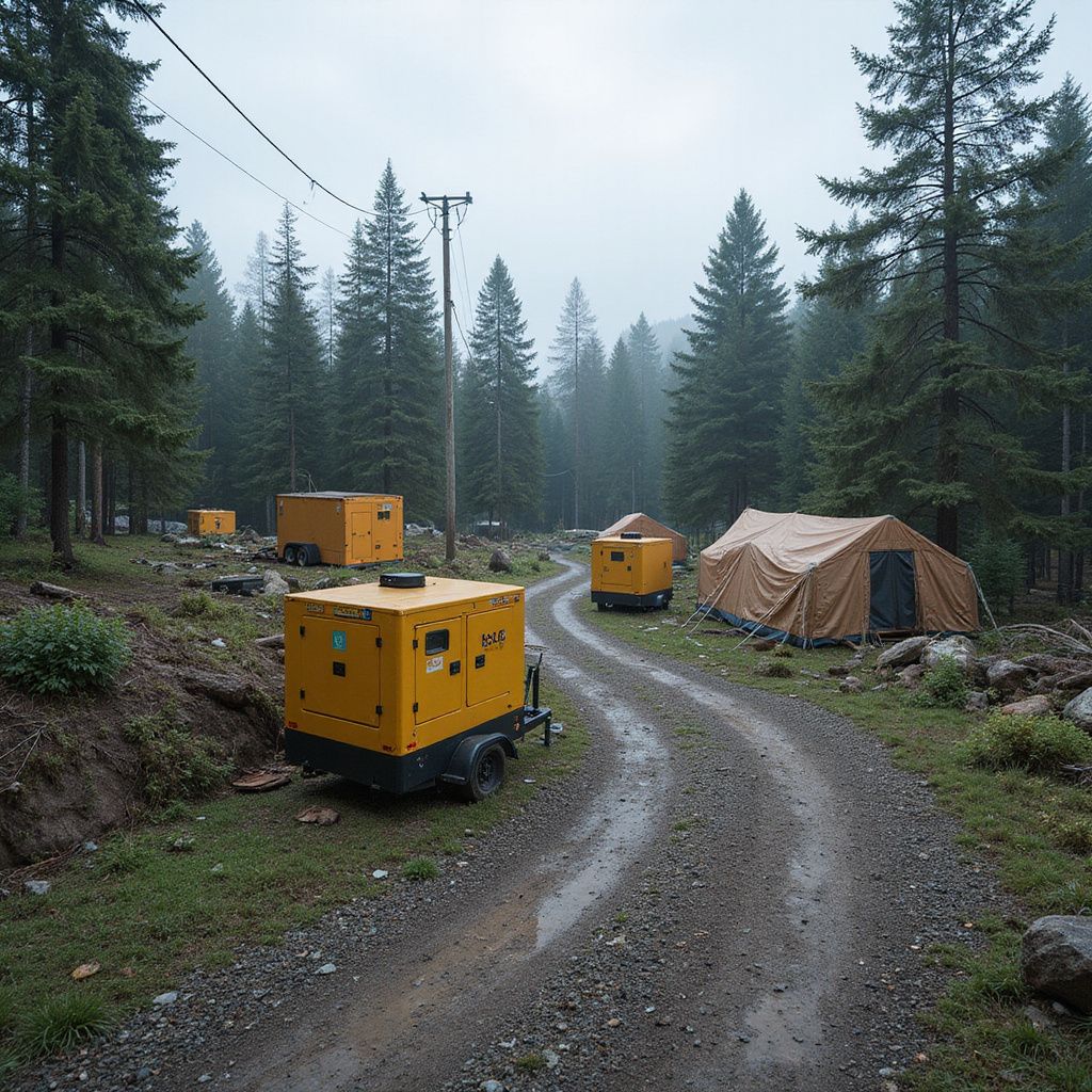 Dirt road through a forest with yellow generators and a tan tent. Overcast day.