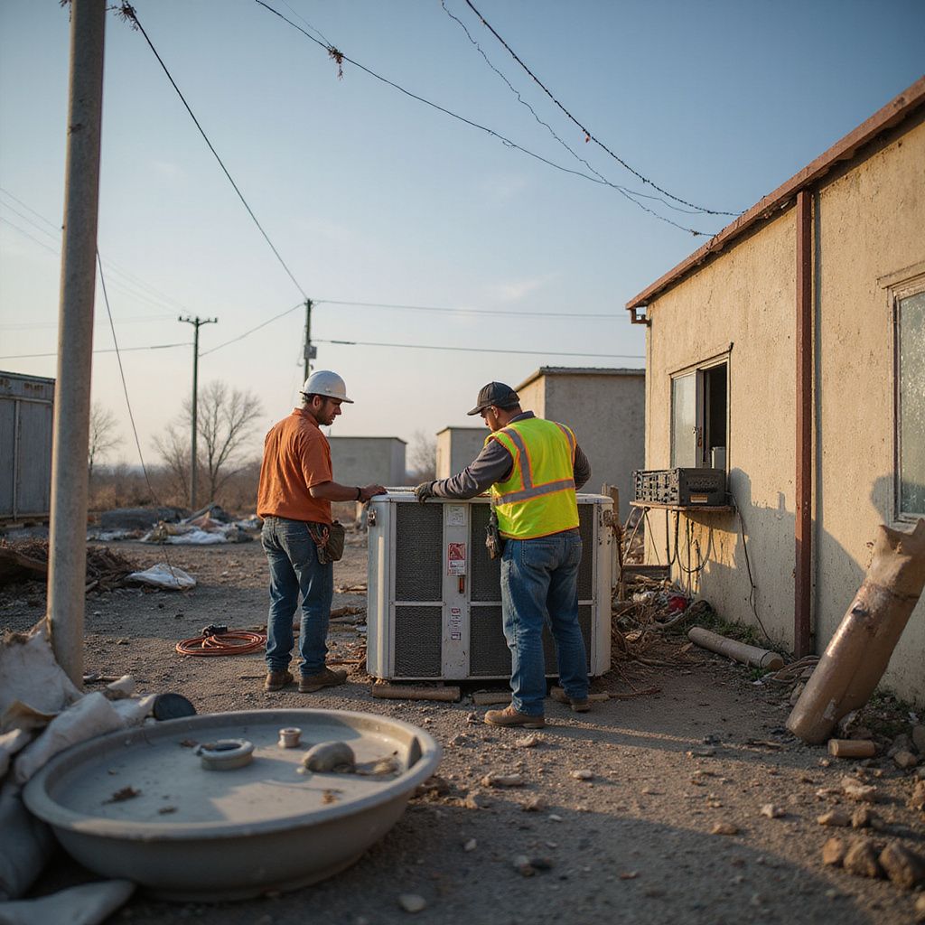 Two workers in safety gear installing an HVAC unit near a building in a construction zone.
