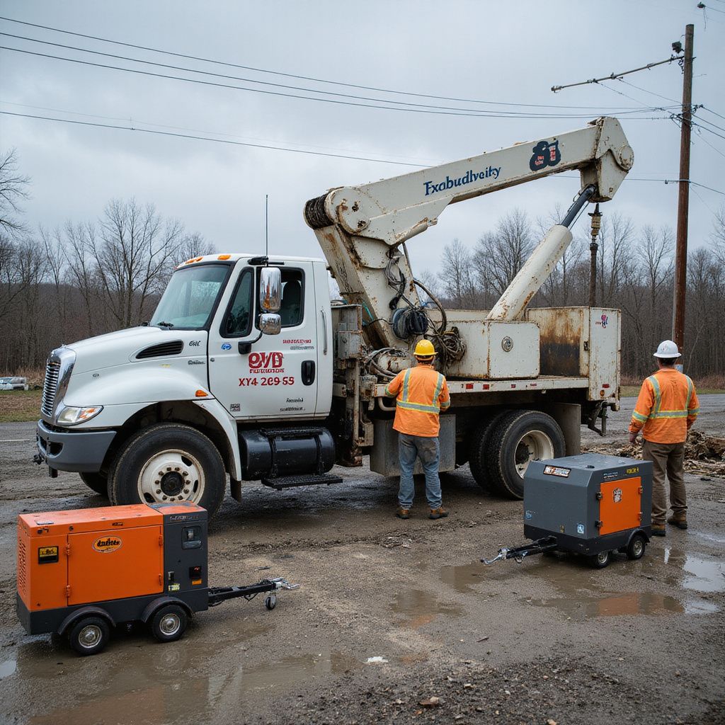 Utility workers by a bucket truck, with two generators, working near power lines. Overcast day.