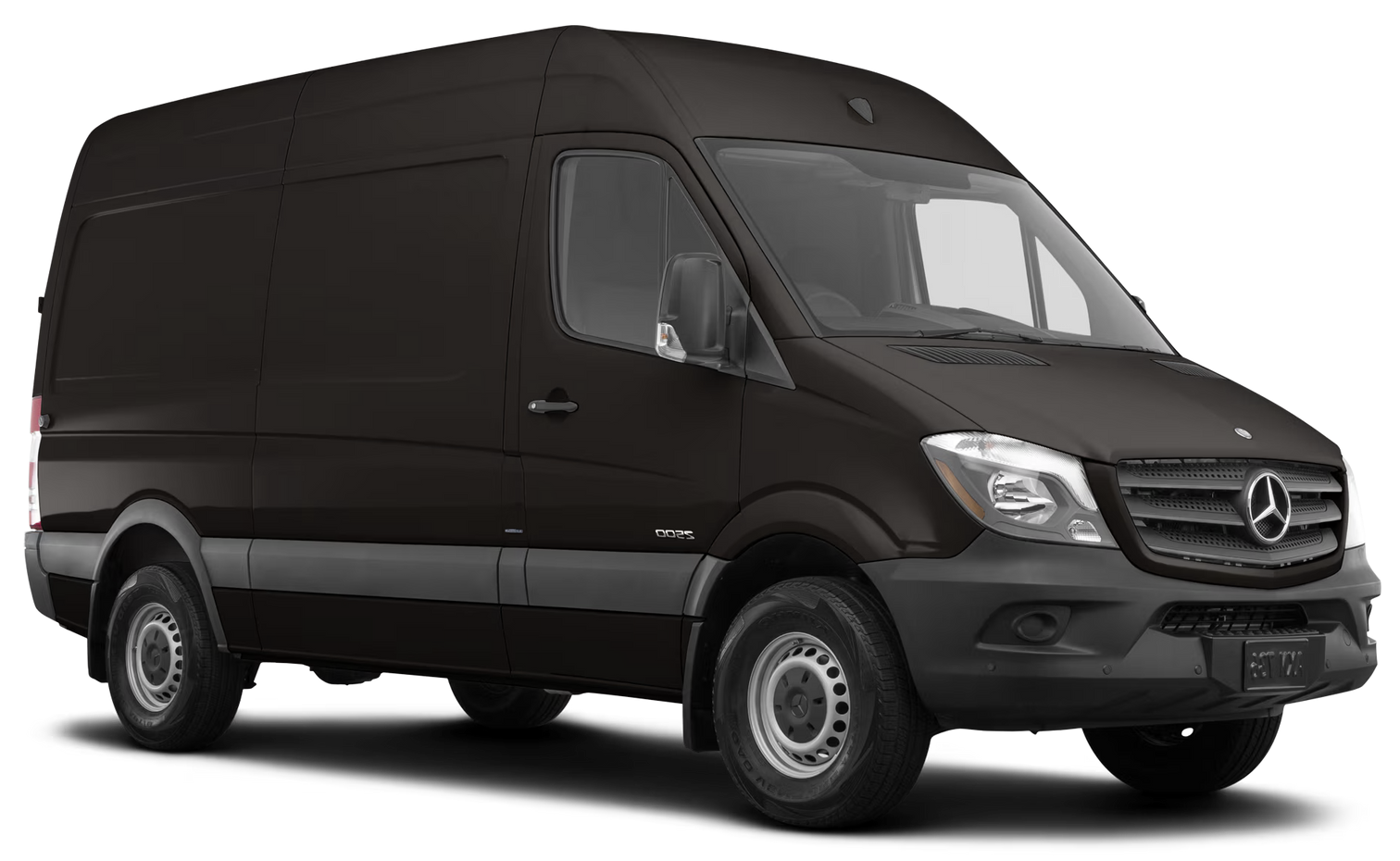 A black mercedes sprinter van is shown on a white background.