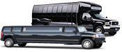 A limousine and a bus are parked next to each other on a white background.