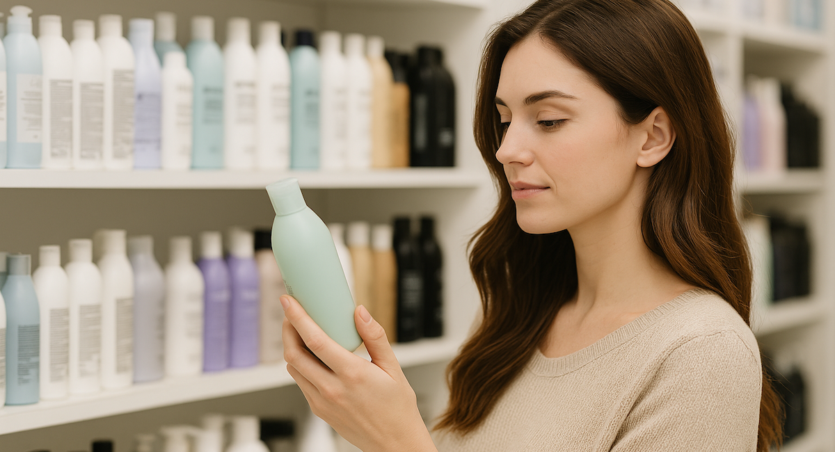 a woman is looking at shampoo bottles .