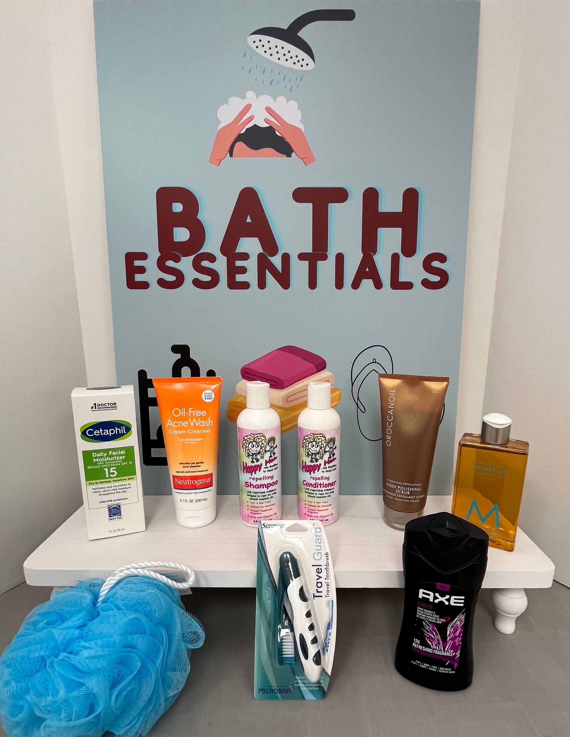 a shelf with bath essentials products on it