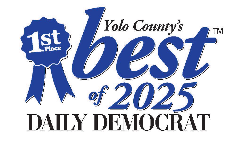 Yolo County's Best of 2025 logo. Blue ribbon: 1st Place. Text: