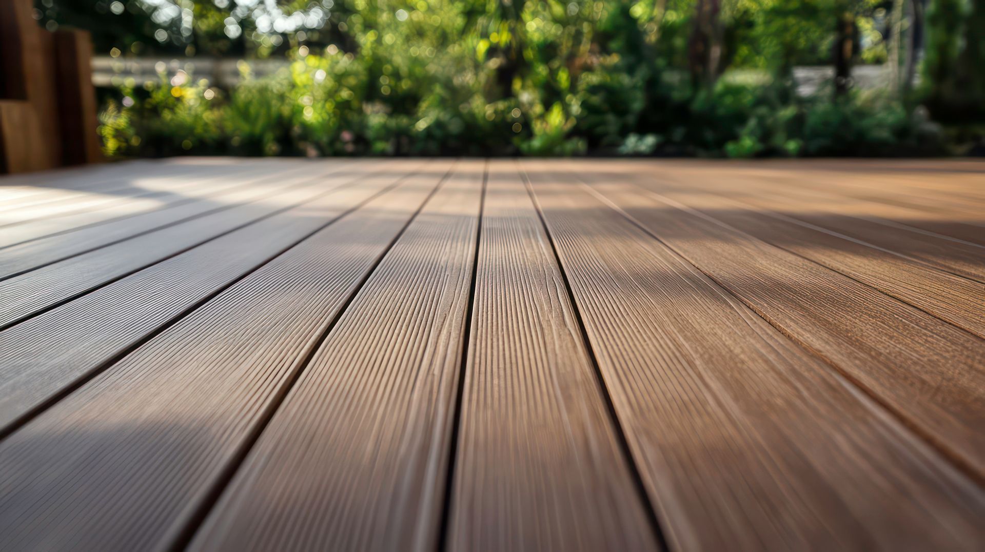 Brown composite decking material planks form terrace surface. Close-up view shows high-quality deck structure.