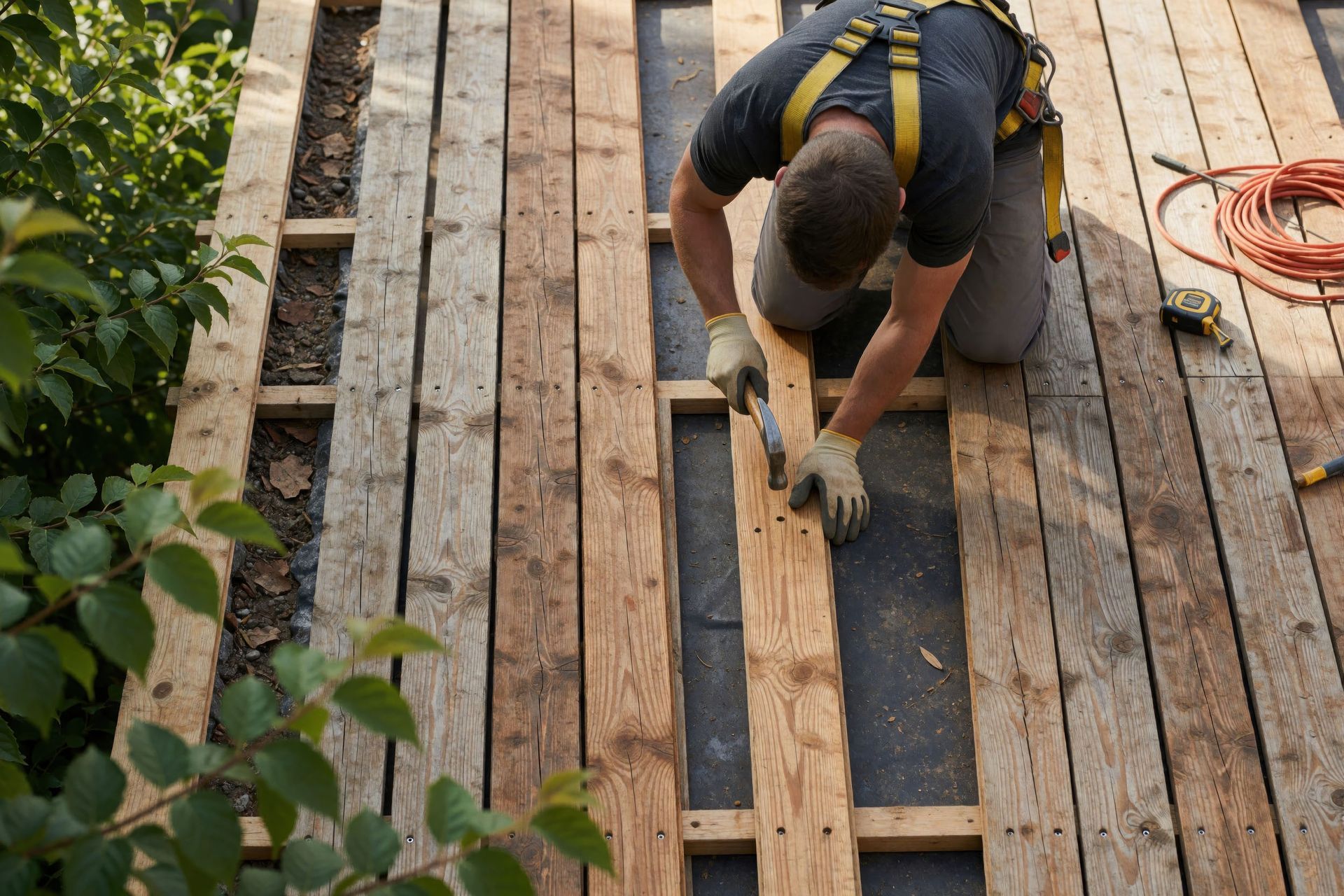 Professional carpenter uses metal hammer for deck board repair.