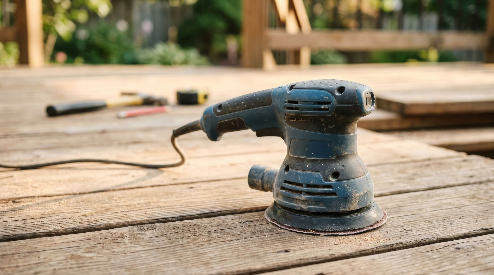 Electric Random Orbital Sander Resting on Wooden Decking Planks.