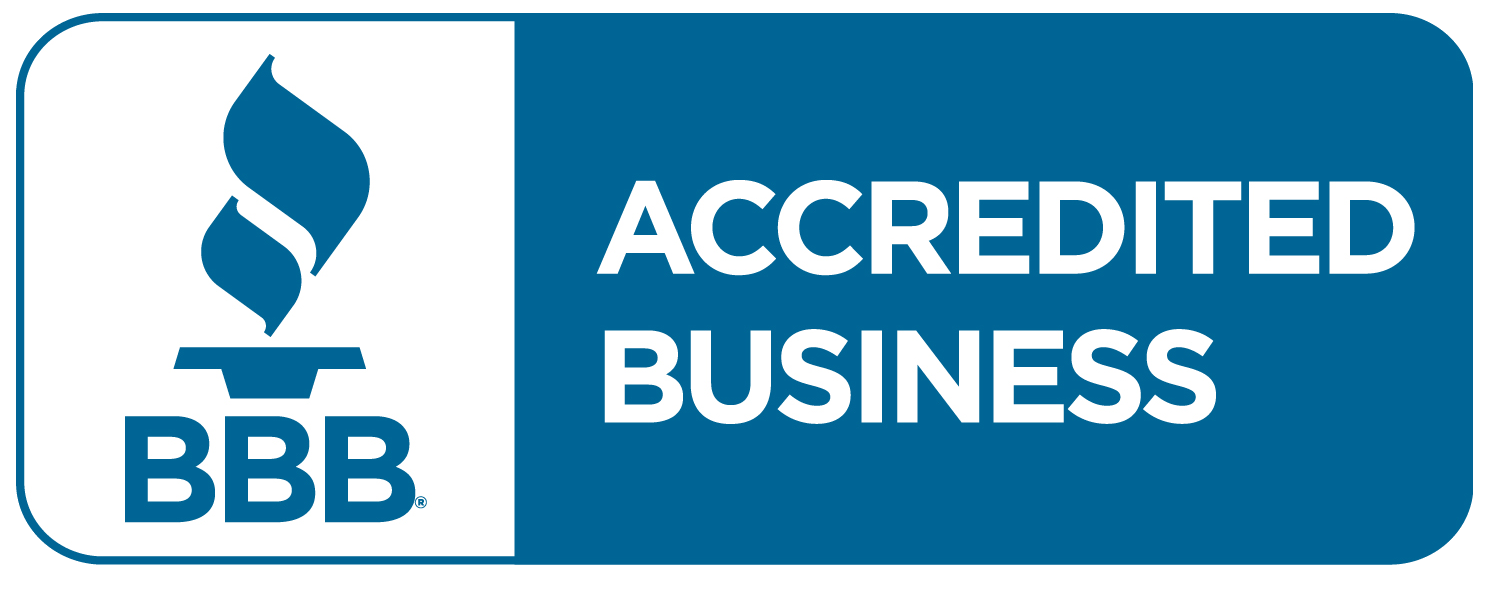 The BBB logo is blue and white and says accredited business.