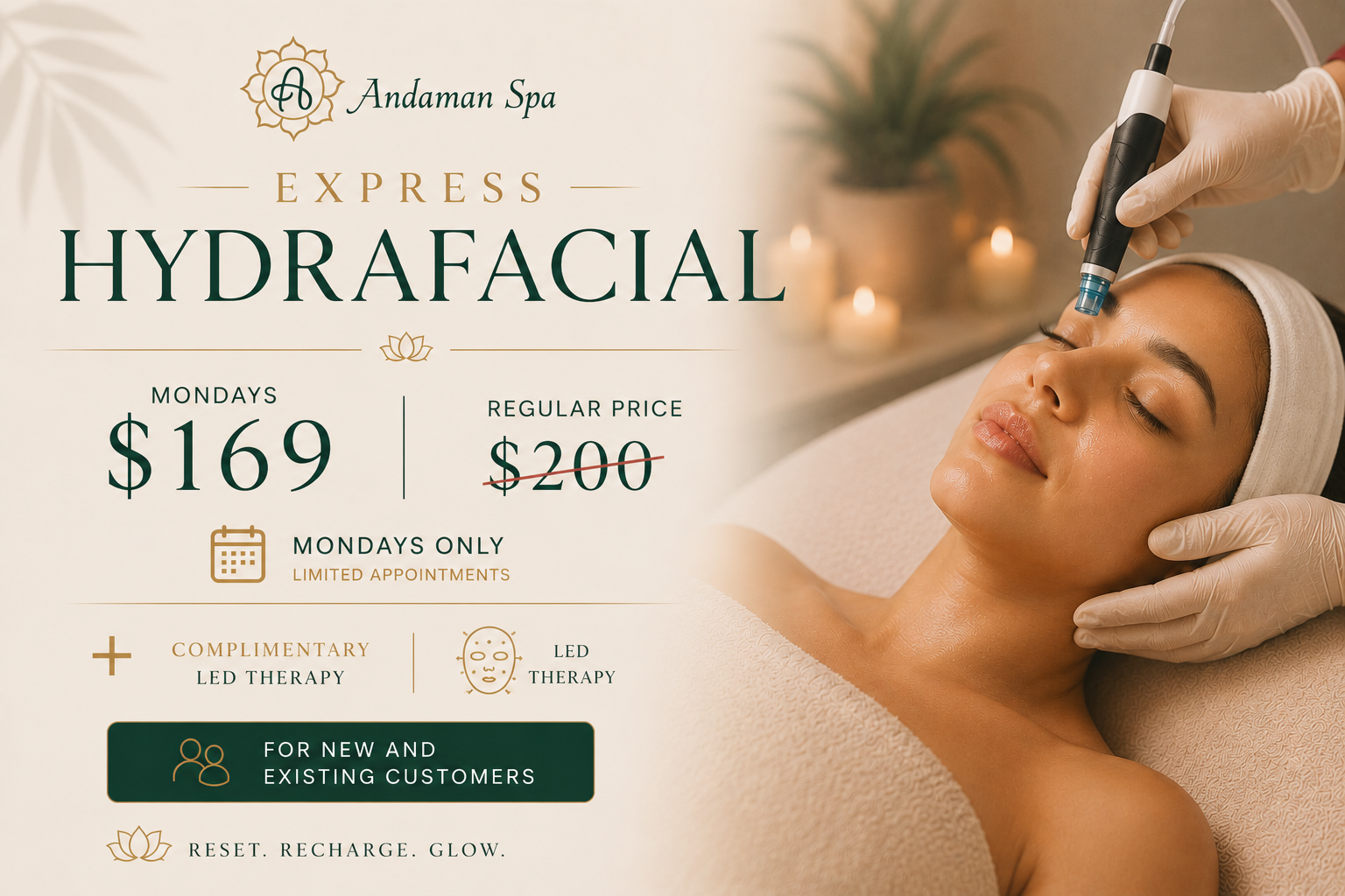 Spa promo for 60-minute massage + express hydrafacial, $260, save $60, with woman receiving facial treatment