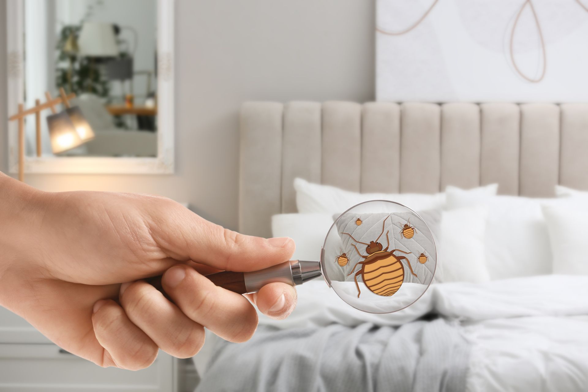 Hand holding a small magnifying glass over a bed, enlarging a drawing of a striped bee.