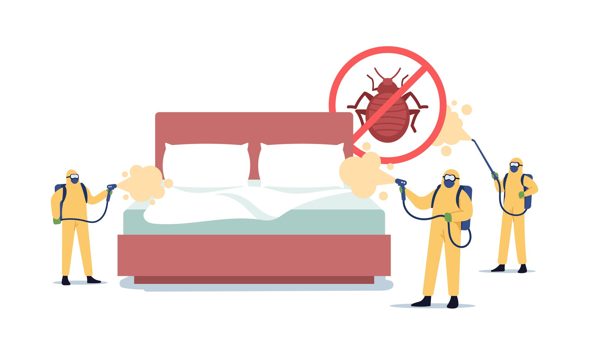 Professional Pest Control Service Doing Room Disinsection against Bed Bugs. Exterminators Spraying Toxic Liquid Professional Pest Control Service Doing Room Disinsection against Bed Bugs. Exterminators Spraying Toxic Liquid