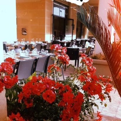Elegante sala da pranzo di un ristorante con fiori rossi in primo piano e tavoli apparecchiati vicino a grandi finestre.