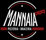 Logo della pizzeria-braciera Mannanaia in bianco e rosso su sfondo nero, con emblema circolare e icona del coltello.