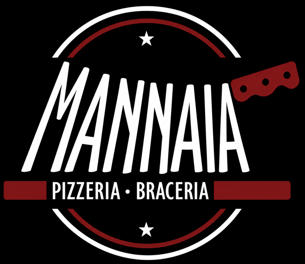 Logo della pizzeria-braciera Mannanaia in bianco e rosso su sfondo nero, con emblema circolare e icona del coltello.