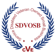 SDVOSB CVE seal with blue laurel wreath and red circular text for Service Disabled Veteran Owned Small Business.