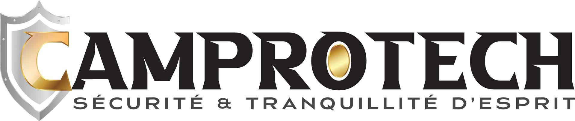 The Camprotech company logo featuring a gold "C" inside a shield and the slogan "S&eacute;curit&eacute; & tranquillit&eacute; d'esprit".