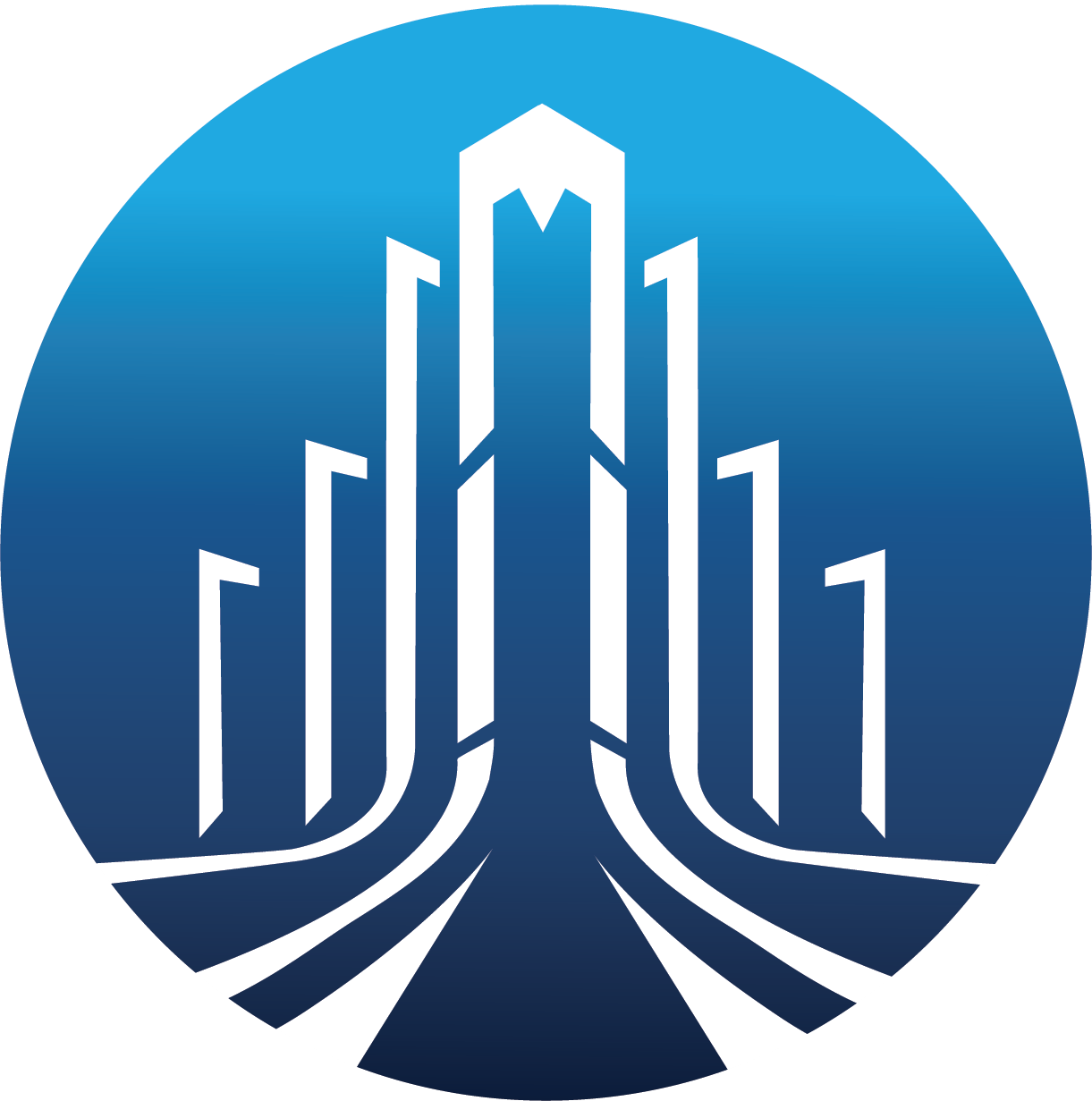 Un logo circulaire bleu présentant une illustration stylisée blanche de gratte-ciel ou de colonnes convergeant vers le centre.