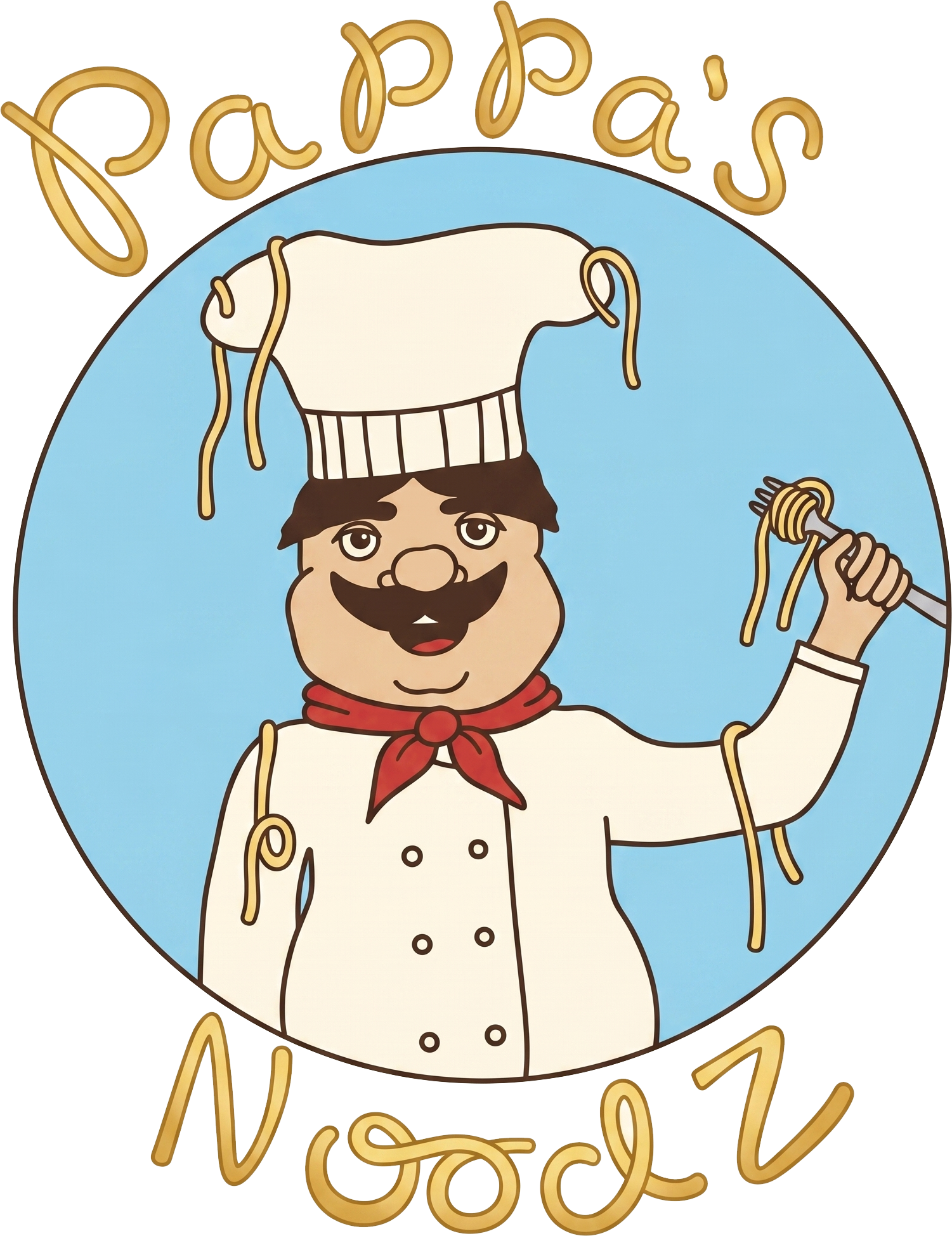Cartoon chef logo holding noodles, with “Pappa’s Noodz” text on a white background